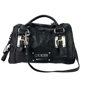 Vintage GUESS Y2K Black Ostrich Embossed Satchel Handbag Silver Hardware